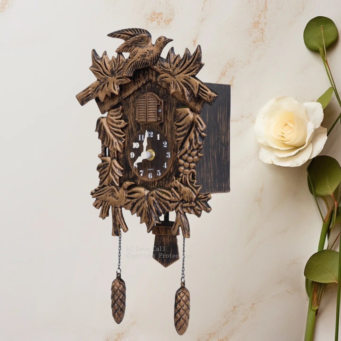 14-Inch Vintage Cuckoo Wall Clock – Resin Carved Design with Traditional Bird Chime