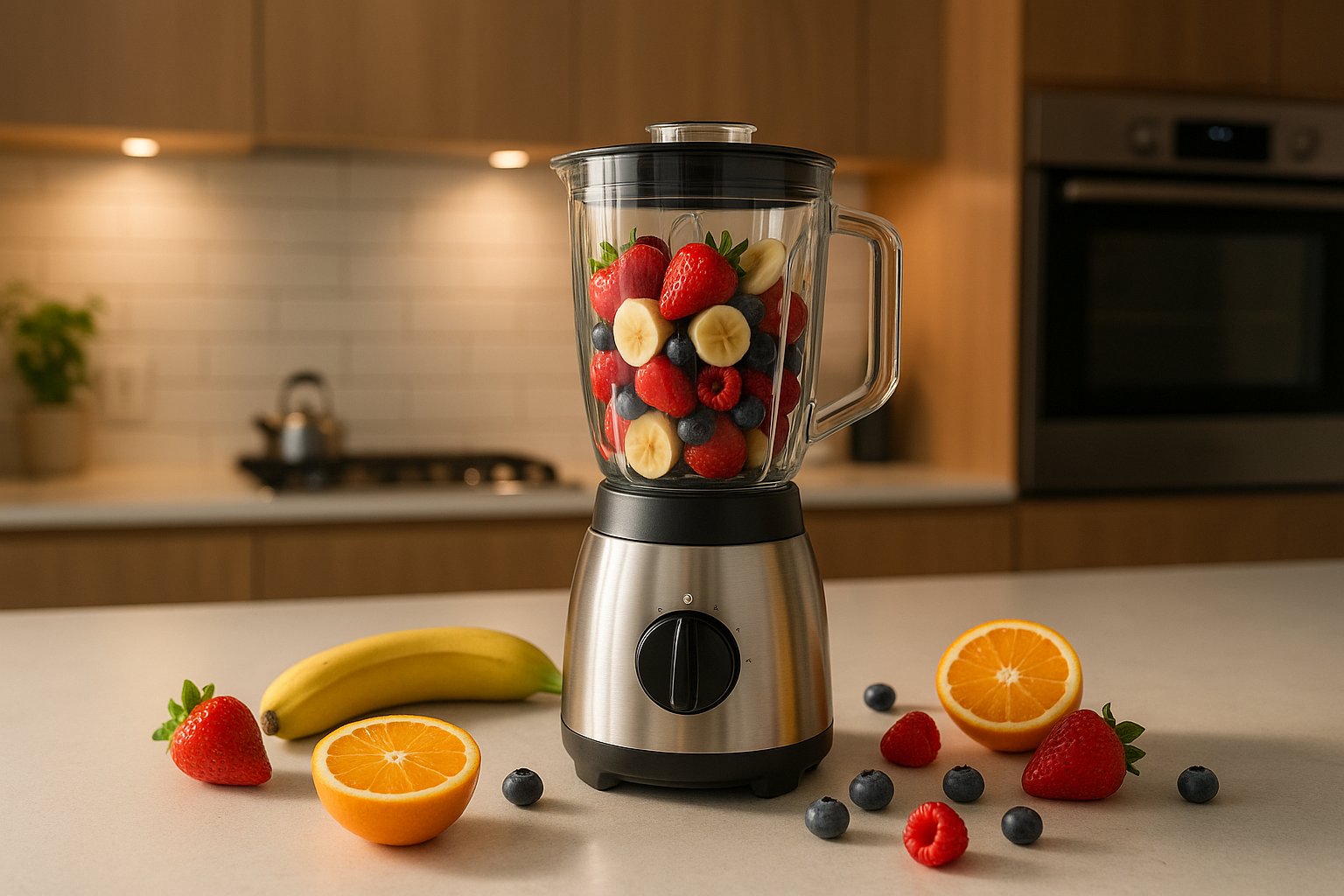 Imagem de uma cozinha com uma bancada onde está sendo preparado uma vitamina com frutas em um mixer