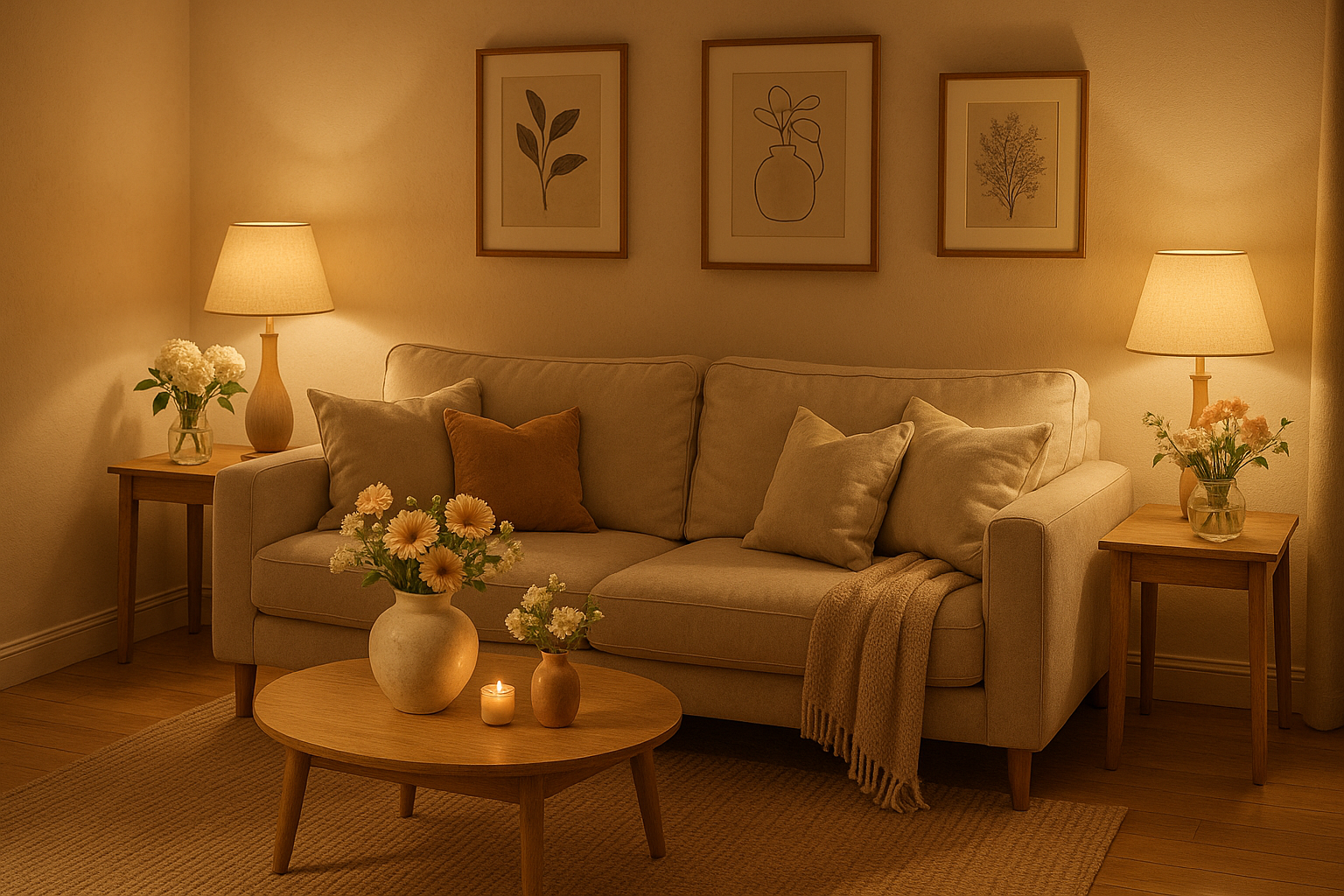 imagem de uma sala de estar aconchegante, com um sofá acolhedor, com almofadas e alguns itens de decoração como quadros, vasos de flores