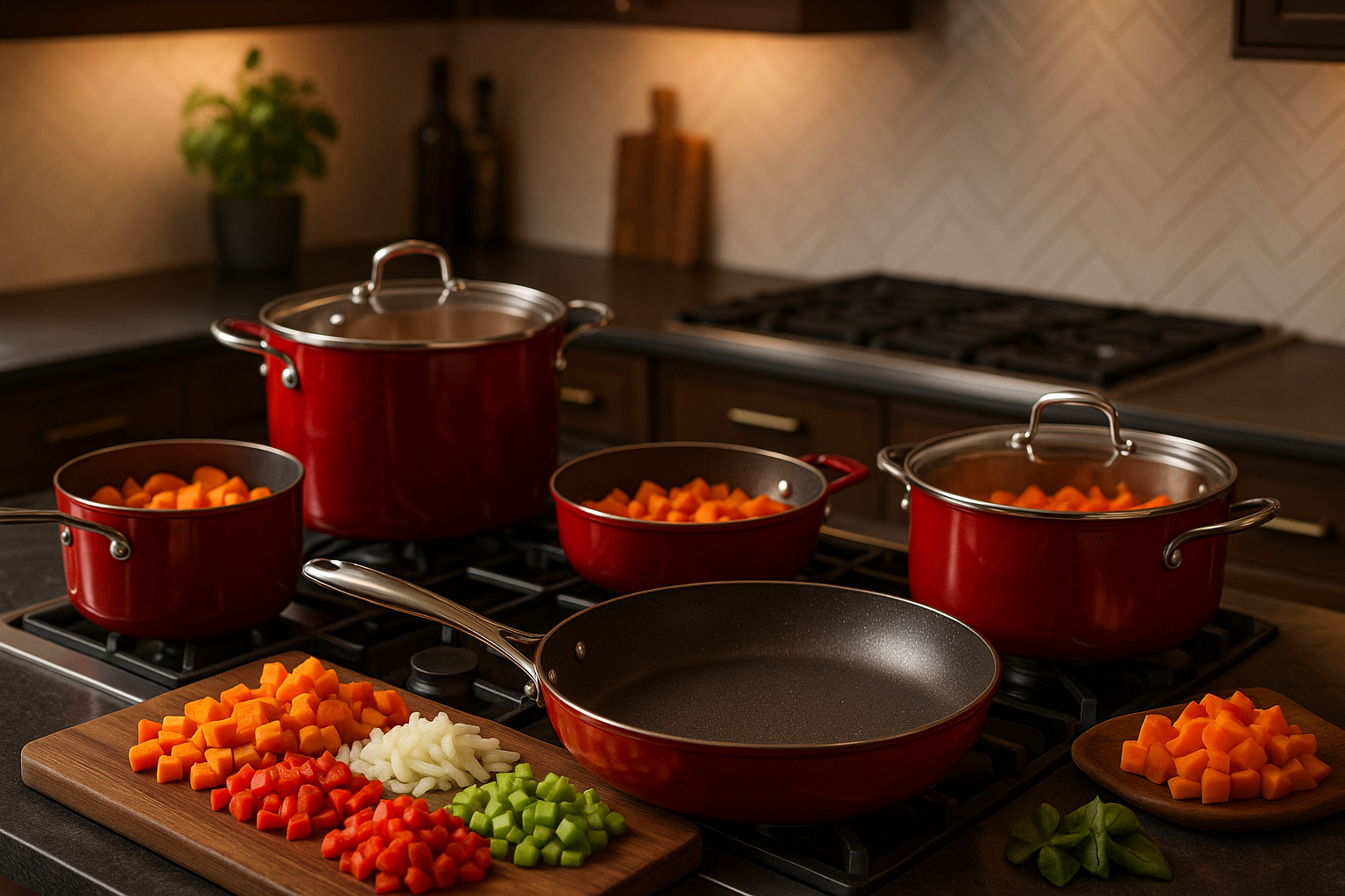 quero panelas no fogão, panelas lindas, vermelhas, com alguns legumes cortados, ambiente sofisticado.